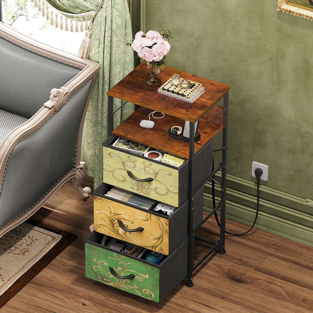 Night Stand with Charging Station, 3 Drawer Bedside Table I248