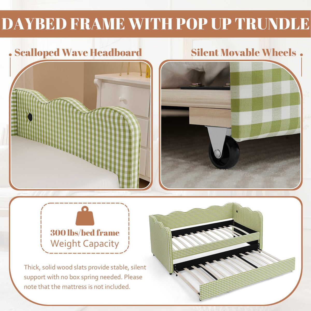 81-inch Twin to King Size Gingham Linen Upholstered Daybed with USB Charging Ports I8202