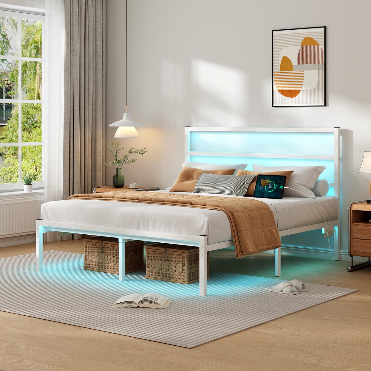 White Full Size Bed Frame with Headboard and USB Charging Station R74138