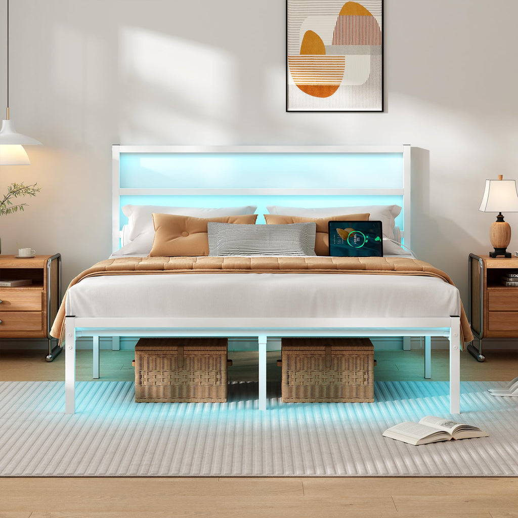 White Full Size Bed Frame with Headboard and USB Charging Station R74138