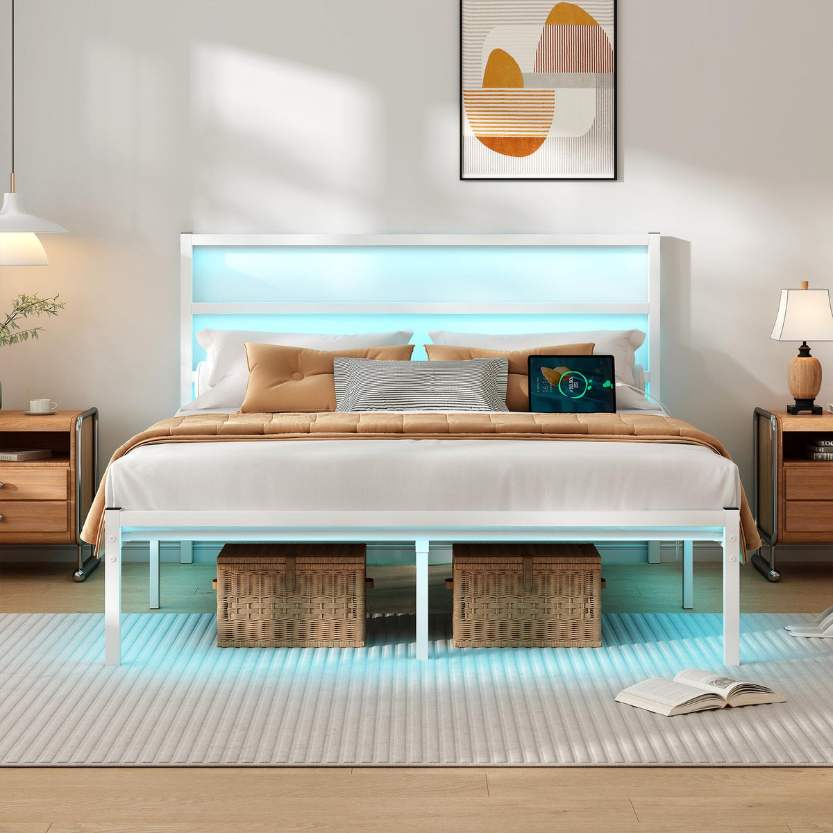 White Full Size Bed Frame with Headboard and USB Charging Station R74138