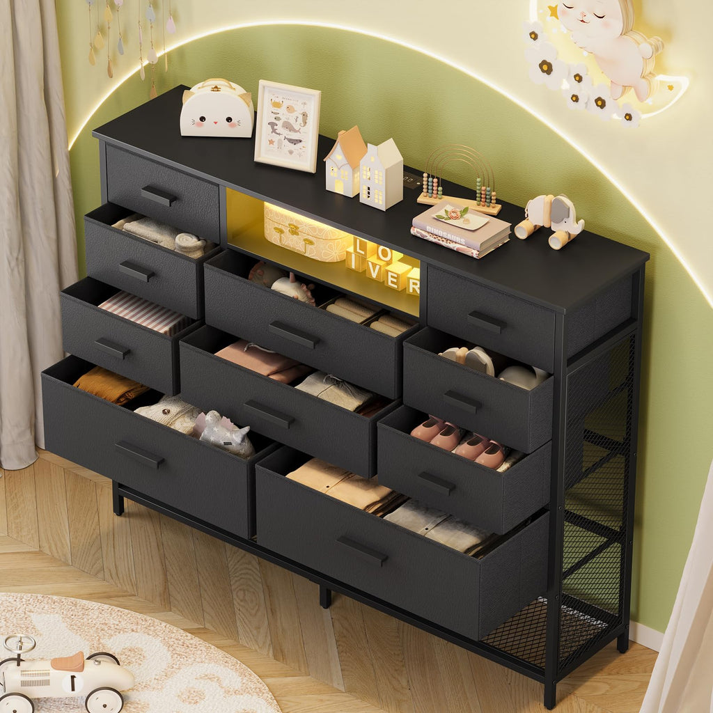 Black 10 Drawer Dresser with Charging Station and LED Light K5580