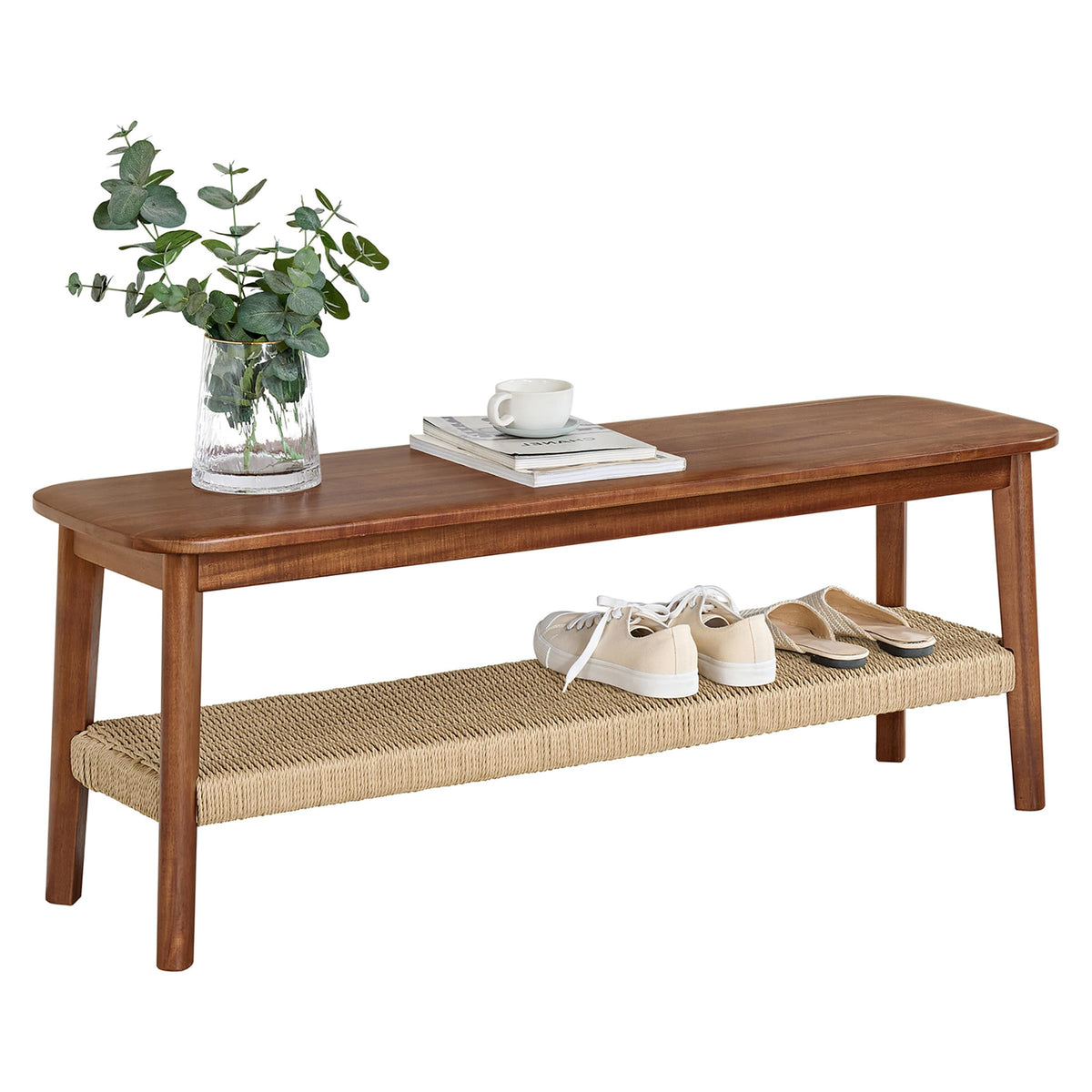 Solid Wood Entryway Bench with Woven Storage Shelf, Chestnut, 48” A192708