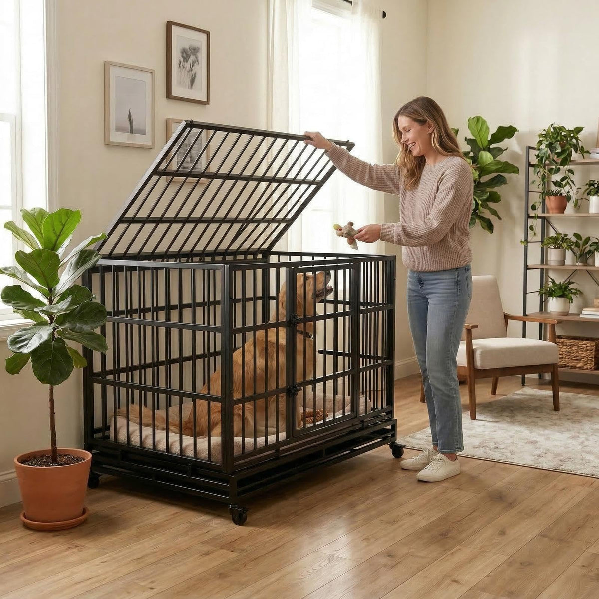 48 Inch Heavy Duty Metal Folding Dog Crate with Wheels and Double Doors N954582
