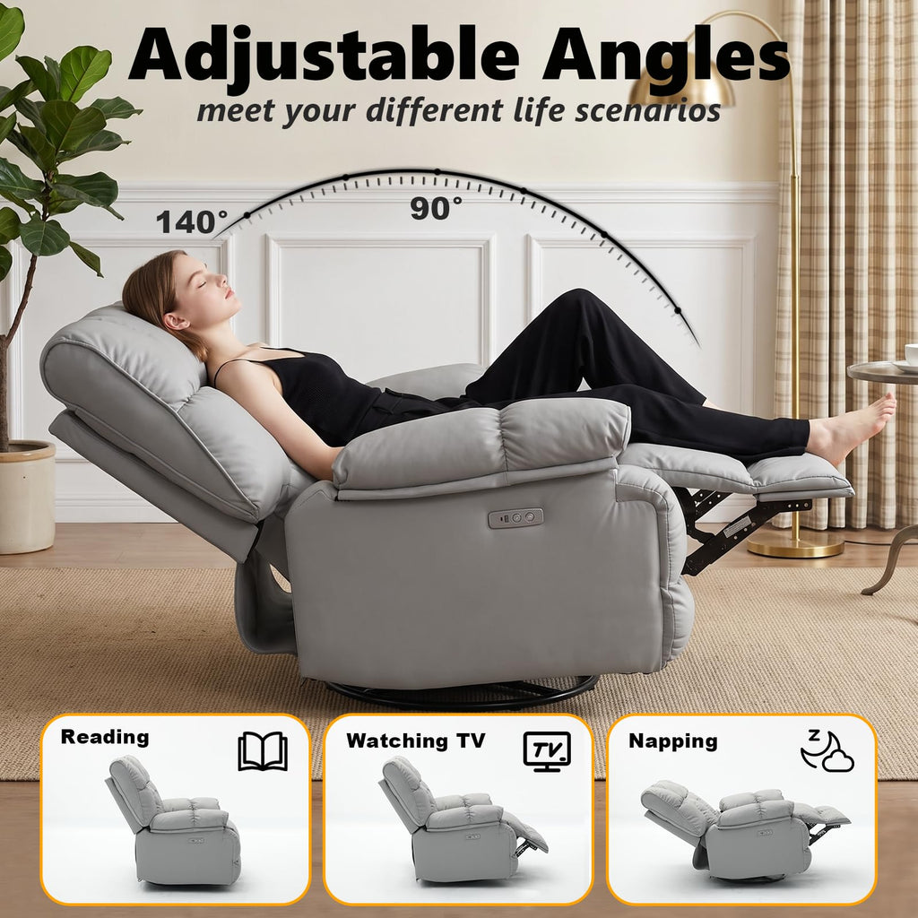 Oversized Gray Leather Power Swivel Rocker Recliner V88525