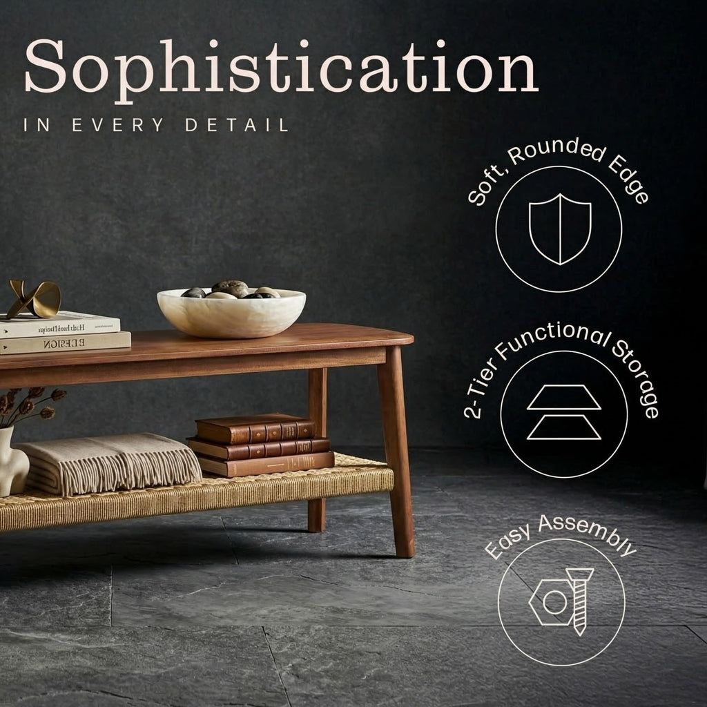 Solid Wood Entryway Bench with Woven Storage Shelf, Chestnut, 48” A192708