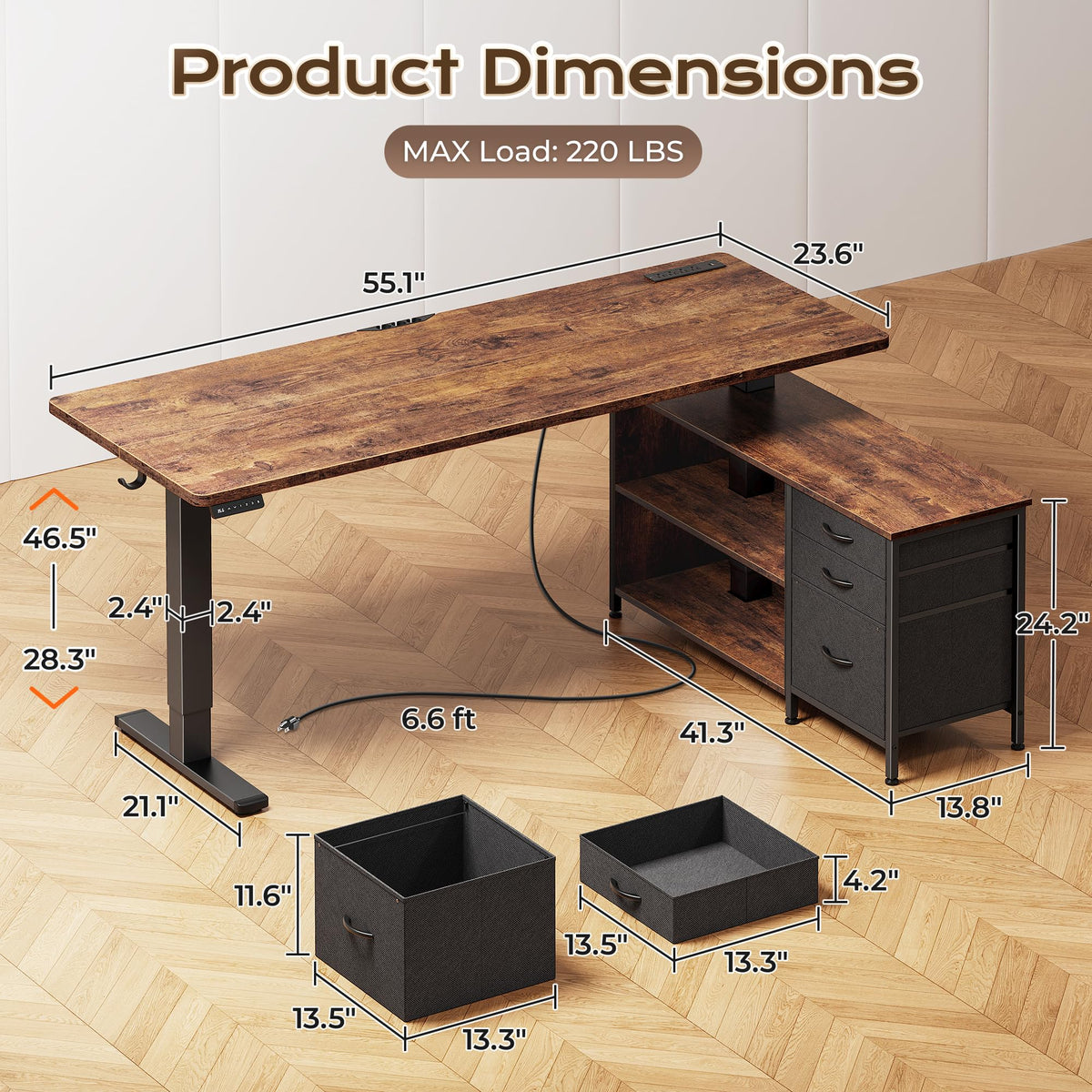55.1'' L Standing Desk with Outlets, Cabinet, Shelves, Drawers Z2732