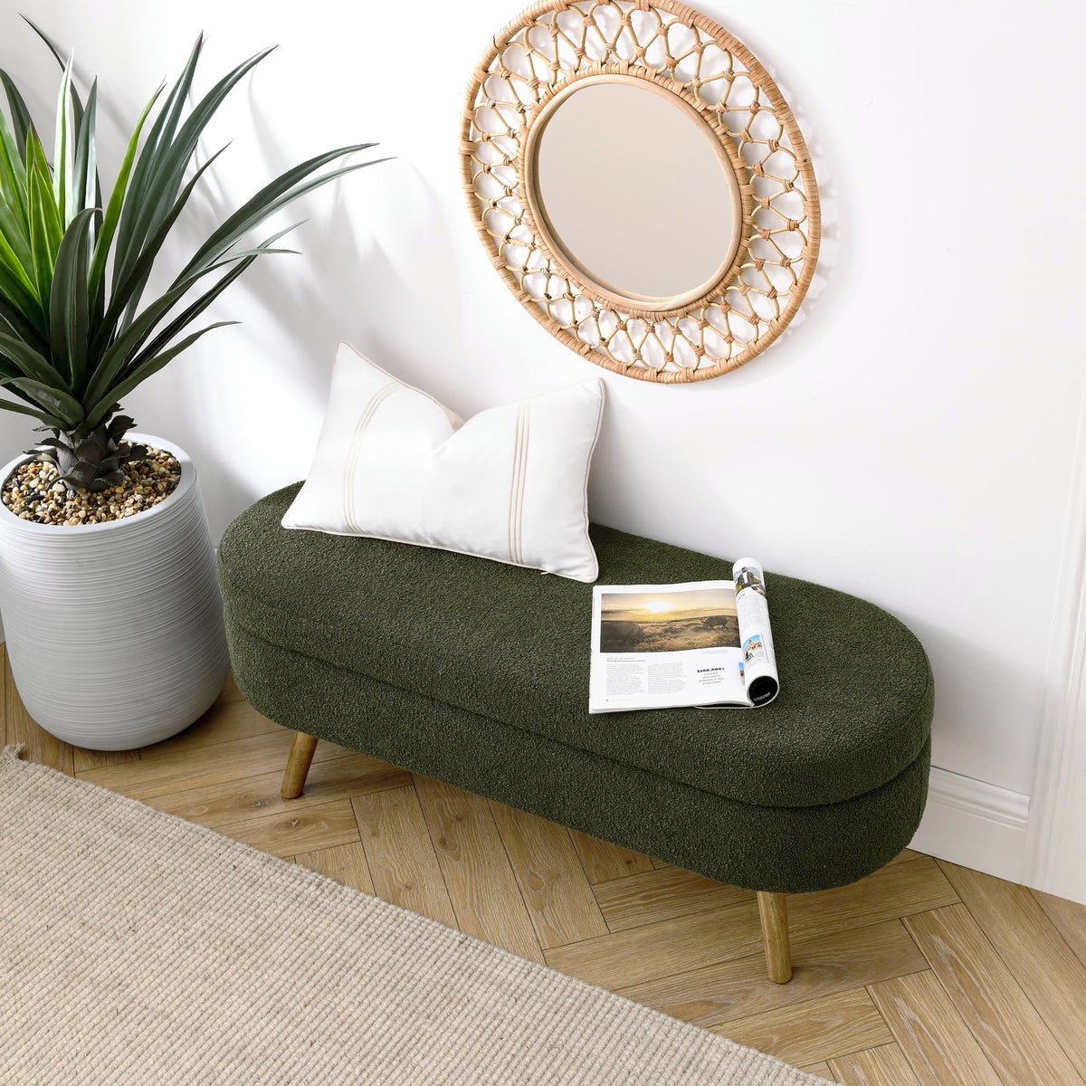 Oval Storage Bench with Rubber Wood Legs Green E215004