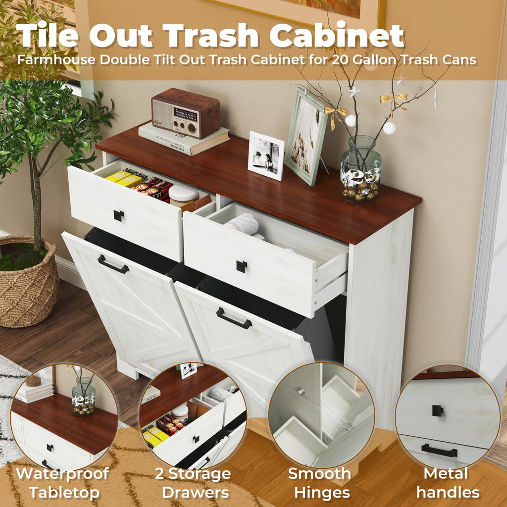 Double Tilt Out Trash Cabinet with Hideaway Drawer, Antique White M6706