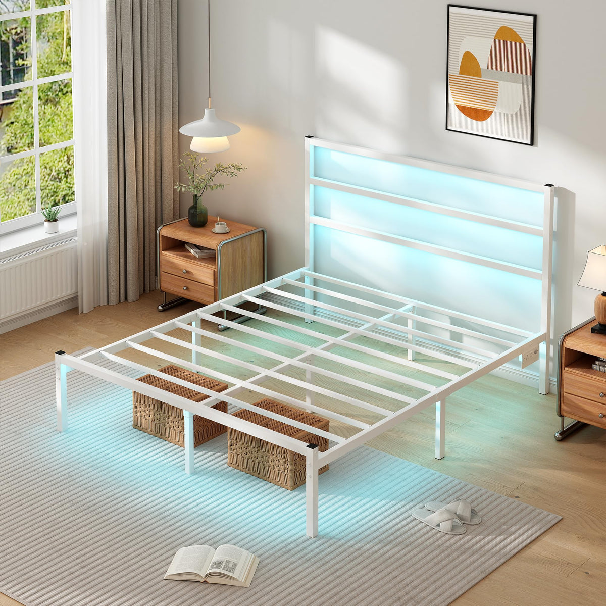 White Full Size Bed Frame with Headboard and USB Charging Station R74138