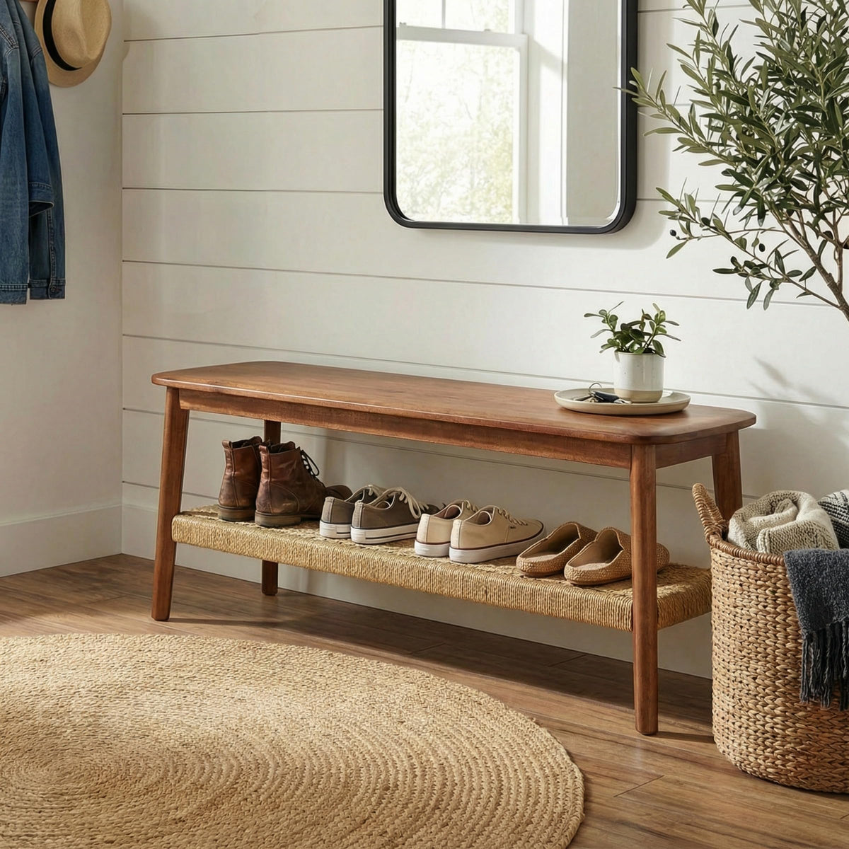 Solid Wood Entryway Bench with Woven Storage Shelf, Chestnut, 48” A192708