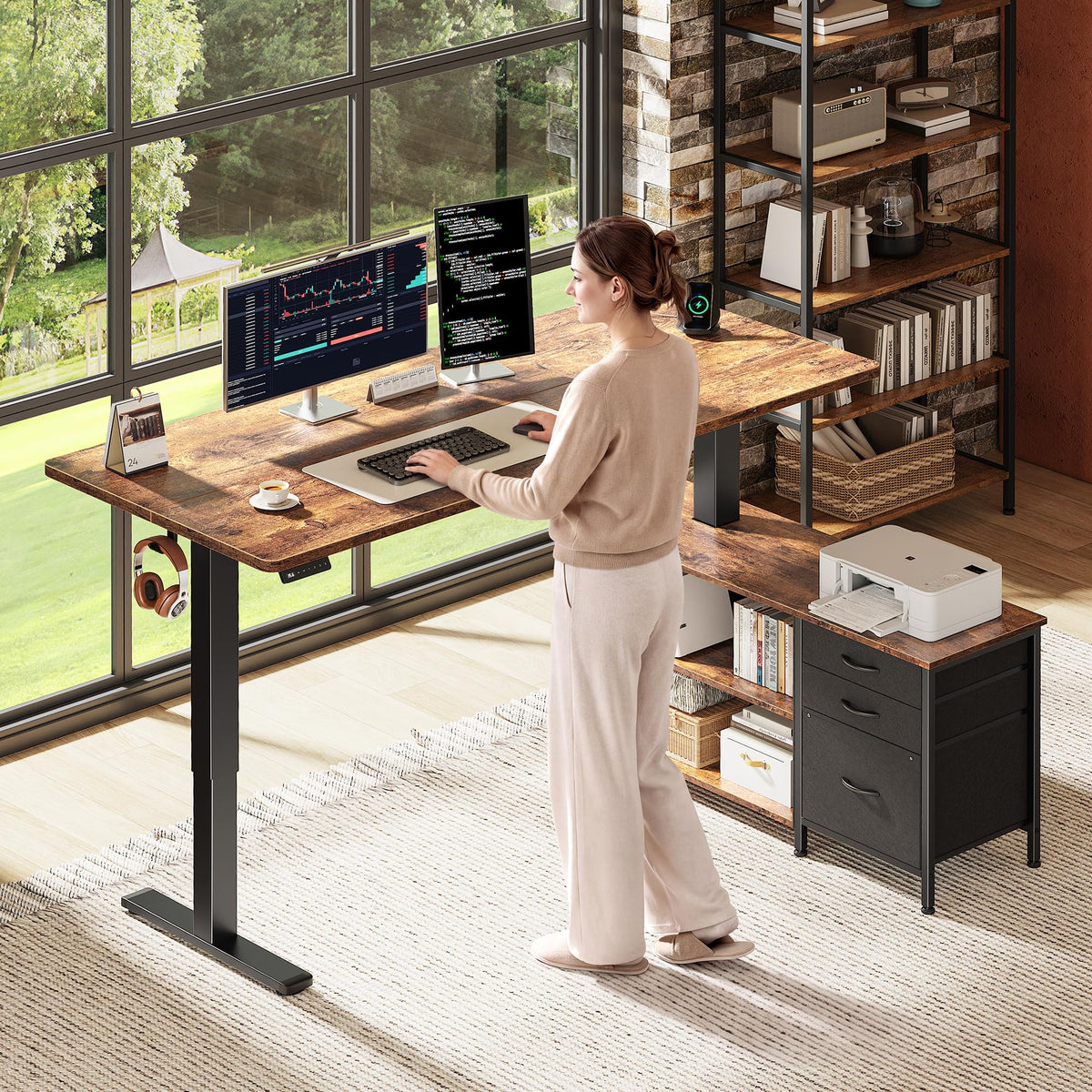 55.1'' L Standing Desk with Outlets, Cabinet, Shelves, Drawers Z2732