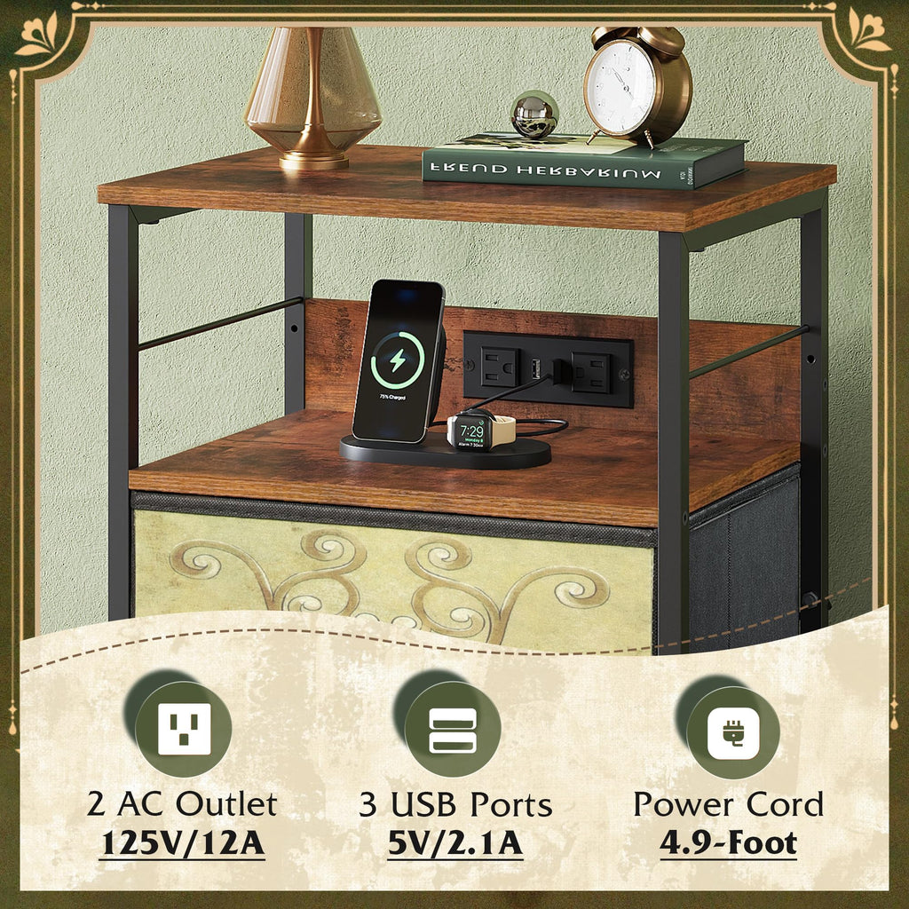 Night Stand with Charging Station, 3 Drawer Bedside Table I248