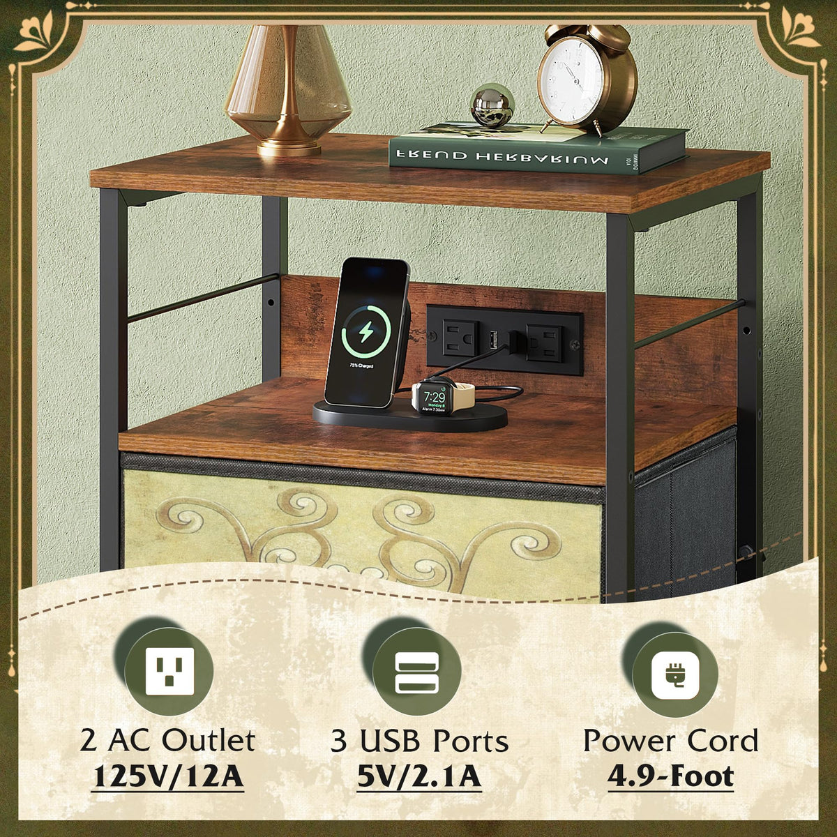 Night Stand with Charging Station, 3 Drawer Bedside Table I248