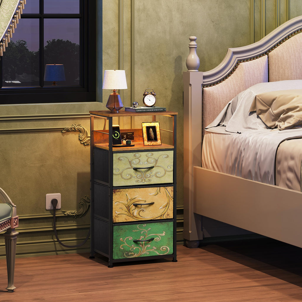 Night Stand with Charging Station, 3 Drawer Bedside Table I248
