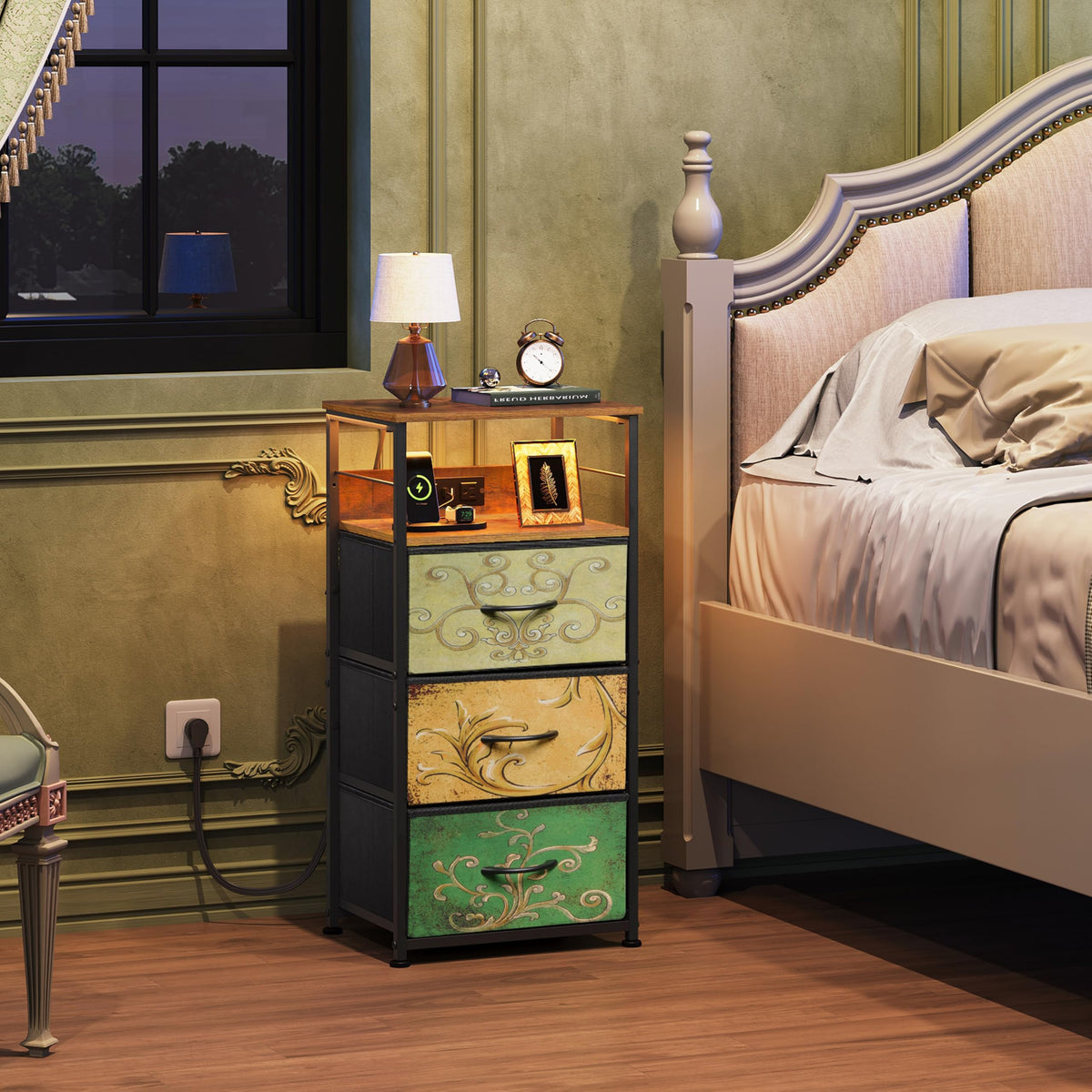 Night Stand with Charging Station, 3 Drawer Bedside Table I248