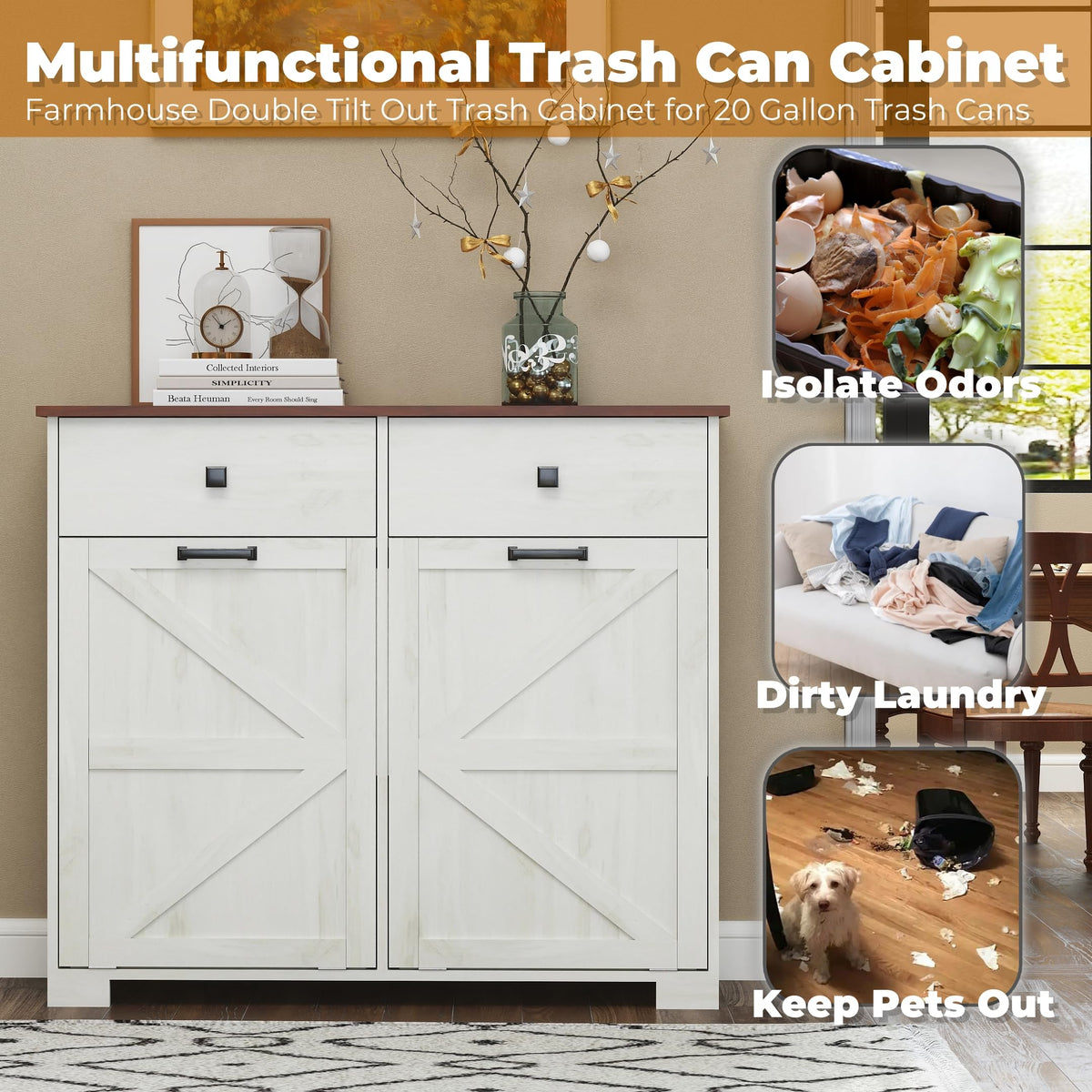 Double Tilt Out Trash Cabinet with Hideaway Drawer, Antique White M6706